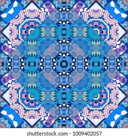 Vintage mosaics. Vector illustration. Ethnic motif. Seamless pattern in blue, pink and black colors.