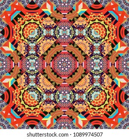 Vintage mosaics. Vector illustration. Seamless pattern in orange, red and black colors. Ethnic motif.
