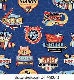 Vintage motel bowling car service  sign board patchwork wallpaper abstract vector seamless pattern for children wear fabric shirt sweatshirt pajamas