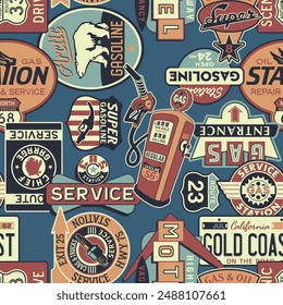 Vintage motel gasoline car service  sign board patchwork wallpaper abstract vector seamless pattern for boy kid children wear fabric shirt sweatshirt pajamas