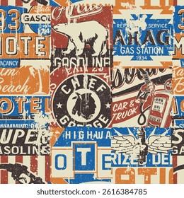 Vintage motel gasoline car service sign board patchwork grunge vector seamless pattern for fabric wear shirt pillow tablecloth carpet cloth poster