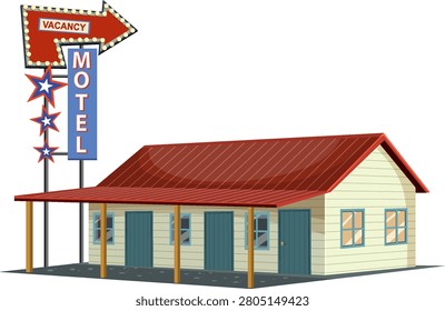 Vintage motel vector illustration featuring a classic vacancy sign, bold colors, and nostalgic mid-century style.
