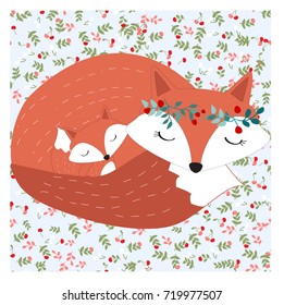 Vintage Mother Mom Fox Love Baby Wolf Sleep On Seamless Adorable Cute Pretty Cherry Pastel,doodle Cartoon Comic Art,sweet Romantic Lovely Flower And Leaf Background Pattern Vector Illustration