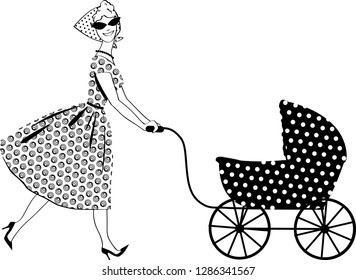 Vintage mother with a stroller, EPS 8 vector line illustration, no white objects