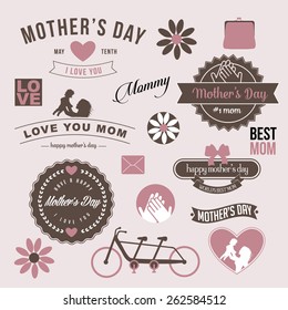 Vintage Mothers Day design graphic elements EPS 10 vector royalty free stock illustration badges, icons, typography, and more for blogs, ads, marketing, greeting card, social media, poster