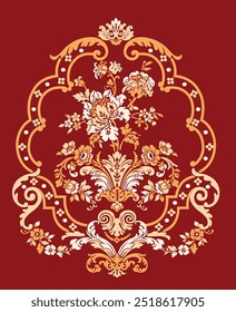 Vintage motif floral engraving frame. Retro ornate decorative posters with elegant floral ornaments. Design element for brochure or book cover. Vector illustration collection isolated on red backgroun
