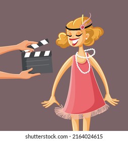 
Vintage Motion Picture Starring a Flapper Girl Vector Cartoon Illustration. Retro actress filming a classical silent movie from roaring 20s
