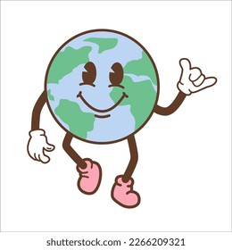 Vintage motivation poster or card design template with unhappy Earth planet character mascot. Global warming. Environmental eco green life print concept. Vector flat illustration.