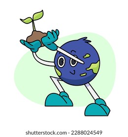 Vintage motivation poster or card design template with walking happy cute Earth planet character mascot with better days ahead caption for t shirt print. Vector illustration
