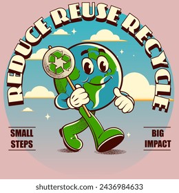 Vintage motivation poster or card design template with walking happy groovy Earth planet character mascot with recycle caption for t shirt print. Vector illustration