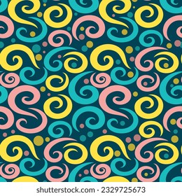 Vintage motley seamless pattern. Multi-colored curls are randomly located on a dark background. Vector illustration for print, fabric, packaging, blog decoration and other your projects.
