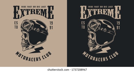 Vintage moto club monochrome badge with letterings and skull in motorcycle helmet and goggles isolated vector illustration