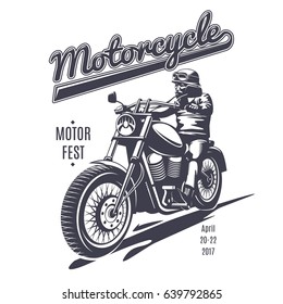 Vintage moto fest logotype template with biker riding motorcycle in monochrome style isolated vector illustration