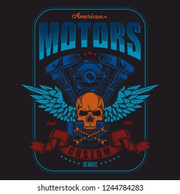 Vintage Moto illustration. Skull with wings on the background of the engine. Suitable for t-shirt design. Vector illustration