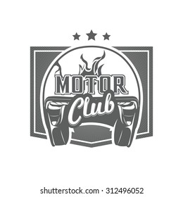 Vintage motor club emblem with biker open helmet, vector.