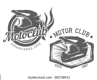 Vintage motor club motocycle labels, badges with moto slam, vector illustration