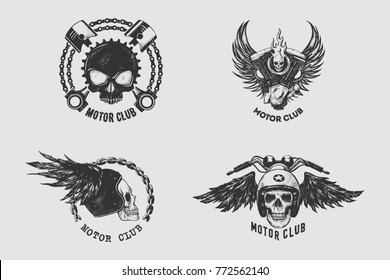 Vintage Motor Club Sign and Label set with chain, skull, helmet and wing. Emblem of bikers and riders.