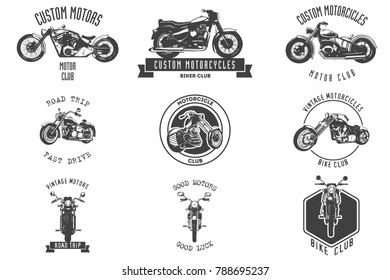 Vintage Motor Club Sign and Label set on white background. Emblem of bikers and riders.