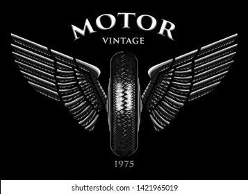 vintage motor logo wings tire black and white vector illustration poster icon wallpaper tee shirt print textile graphic design