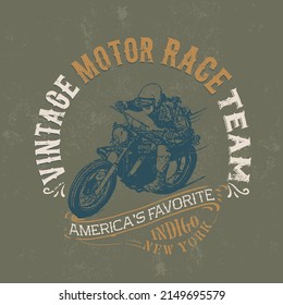 Vintage Motor Race Team, Americas Favorite, Indigo New York, Vintage Style Tee Print Design As Vector, Vector Racing Motorcycle Illustration Race Poster