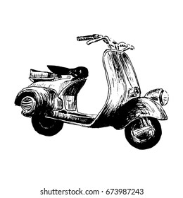 Vintage motor scooter. vector illustration, hand graphics - Old turquoise scooter. Italian symbol. Hand drawn vector sketch illustration. For prints, textile, advertising, poster, tourism, postcard