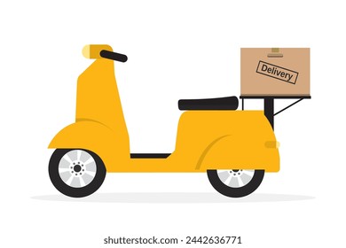 Vintage motorbike. Cartoon delivery bike with box. Yellow motorcycle isolated on white background. Retro bike vehicle. Classic italian transport. Flat vector illustration