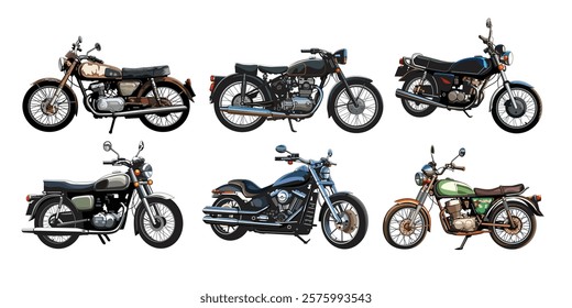 Vintage motorbike collection vector illustration, isolated on white background.