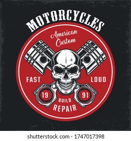 Vintage motorbike repair service round logo with skull and crossed pistons isolated vector illustration
