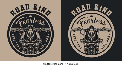 Vintage motorbike round emblem with classic motorcycle front view in monochrome style isolated vector illustration