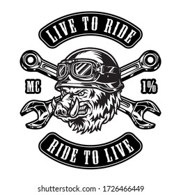 Vintage motorcycle badge with crossed wrenches letterings and aggressive wild boar head in biker helmet and goggles on white background isolated vector illustration