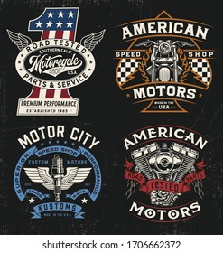 Vintage motorcycle badge, label, logo, t-shirt graphic set