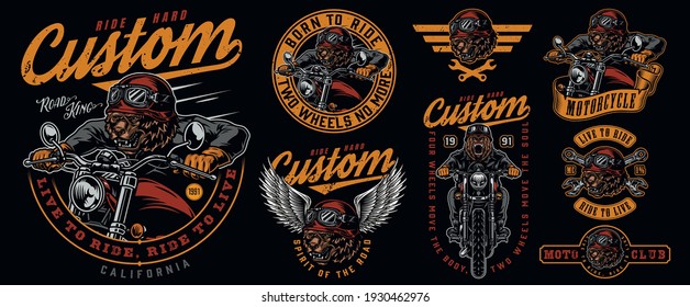 Vintage motorcycle badges collection with angry bear biker wrenches grizzly head in motorcyclist helmet with eagle wings isolated vector illustration