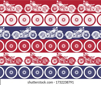 Vintage motorcycle and bike wheel vector set collage with United States flag colors and barrs pattern at background