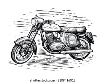 Vintage motorcycle. Black drawing sketch isolated on white background. Vector illustration