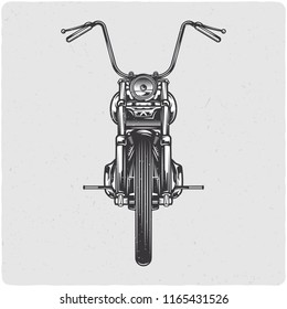 Vintage motorcycle. Black and white illustration. Isolated on light backgrond with grunge noise and frame.