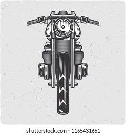 Vintage motorcycle. Black and white illustration. Isolated on light backgrond with grunge noise and frame.