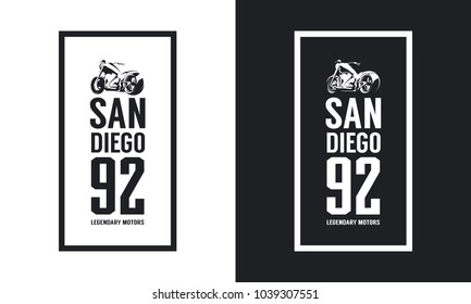 Vintage Motorcycle Black And White Isolated Vector Logo. Premium Quality Biker Gang Logotype Tee-shirt Emblem Illustration. San Diego, California Street Wear Hipster Retro Tee Print Design.