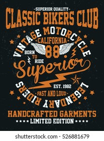 Vintage motorcycle, classic bikers, handcrafted garments typography, t-shirt graphics, vectors