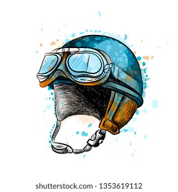 Vintage motorcycle classic helmet with goggles from a splash of watercolor, hand drawn sketch. Vector illustration of paints