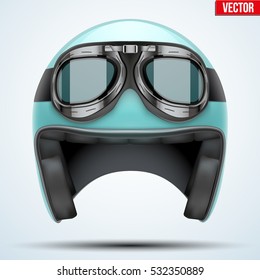 Vintage motorcycle classic helmet with goggles. Transportation industry. Vector illustration isolated on background,