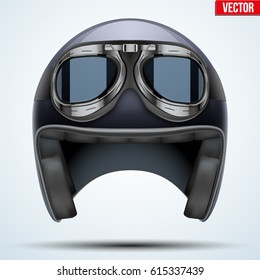 Vintage motorcycle classic helmet with goggles. Black color. Transportation industry. Vector illustration isolated on background,