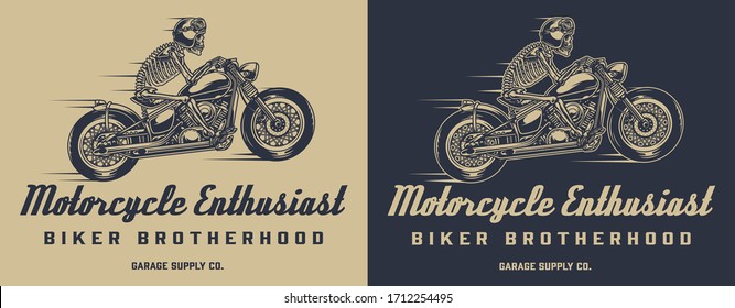 Vintage motorcycle club monochrome print with skeleton racer riding motorbike isolated vector illustration