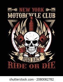 Vintage motorcycle club t-shirt vector design and illustration, tee, graphic art, logo art, skull and pistone with wings, poster, banner design for quotes: New York motorcycle clue 1976 road race, rid