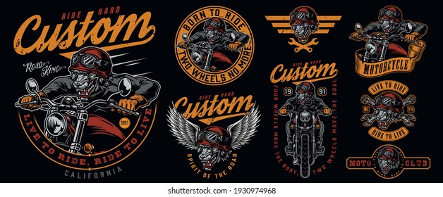 Vintage motorcycle colorful badges with aggressive wolf bikers motorbikes inscriptions wrenches isolated vector illustration