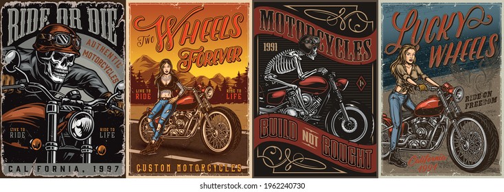 Vintage motorcycle colorful posters with skeleton moto riders in helmet and goggles and beautiful biker girls vector illustration - Shutterstock ID 1962240730