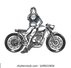 Vintage motorcycle concept of pretty biker girl with tattoos standing near motorbike isolated vector illustration