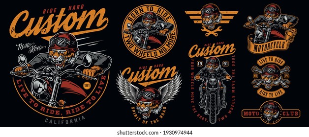 Vintage motorcycle designs collection with ferocious tiger biker labels and emblems isolated vector illustration