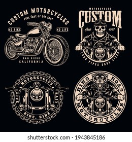 Vintage motorcycle designs set with custom motorbikes skeleton and ferocious panther bikers labels and badges in monochrome style isolated vector illustration