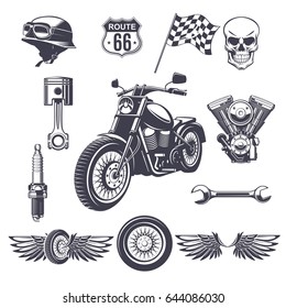 Vintage motorcycle elements collection with motorbike helmet skull motor wrench wheel wings flag piston spark plug isolated vector illustration