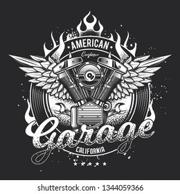 Vintage motorcycle emblem motor and wings on the background of fire. Original vector illustration